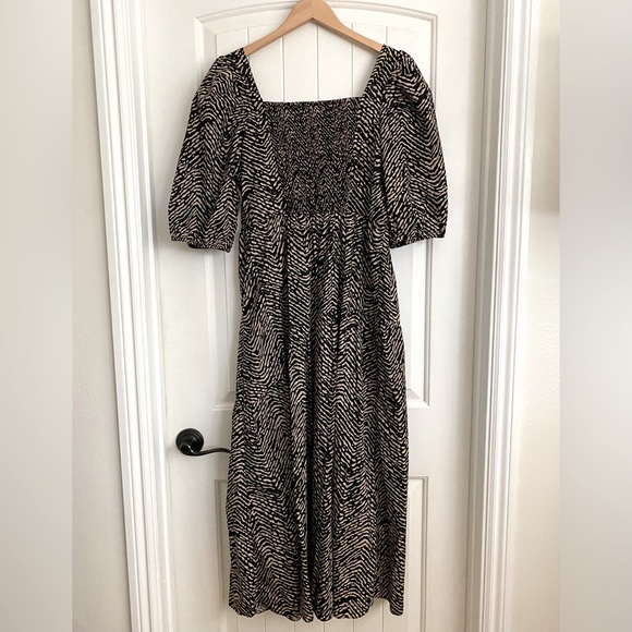♦️SOLD♦️ Mango Puff Sleeve Midi Dress Abstract Animal Print Black & Tan Size 10 - Picture 11 of 13
